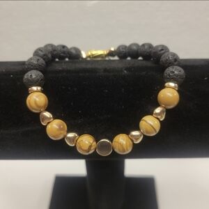 Gold, Black Lava, Polished Wooden Bead Bracelet